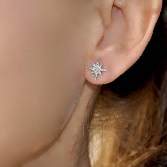 14K Solid Gold Diamond Starburst Earrings/Studs - Picture 5 of 8
